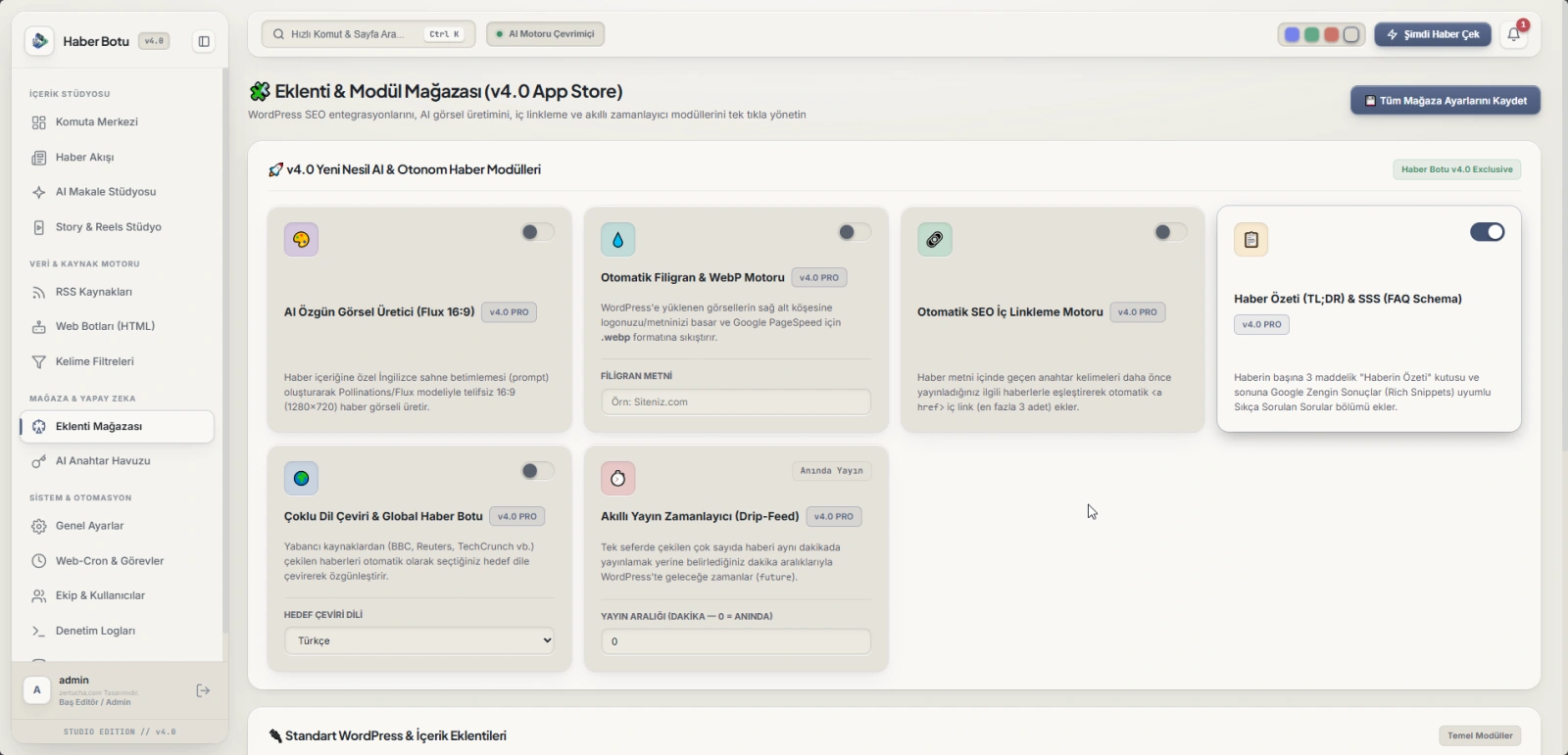 WordPress News Bot на основе искусственного интеллекта v4.0 Studio — операционная система автономного информационного агентства Галерея